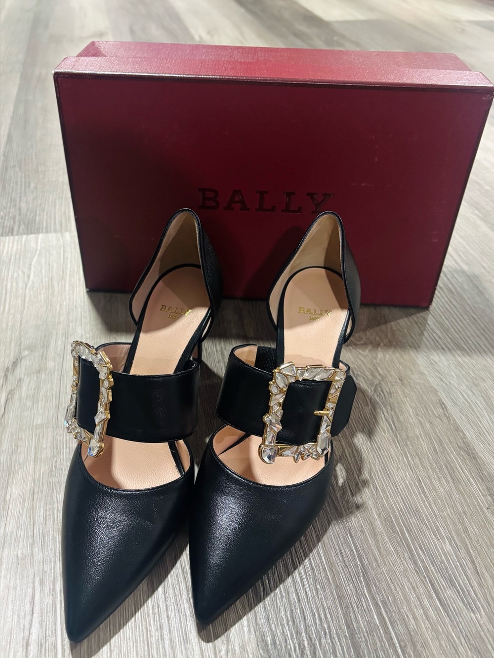 Bally Black Leather Pointed-Toe Heels with Crystal Buckle